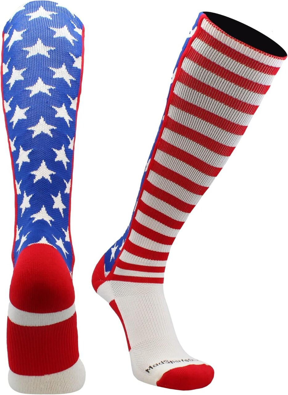 Made in USA American Flag Over the Calf Socks for Baseball, Softball, Football, Youth & Adult